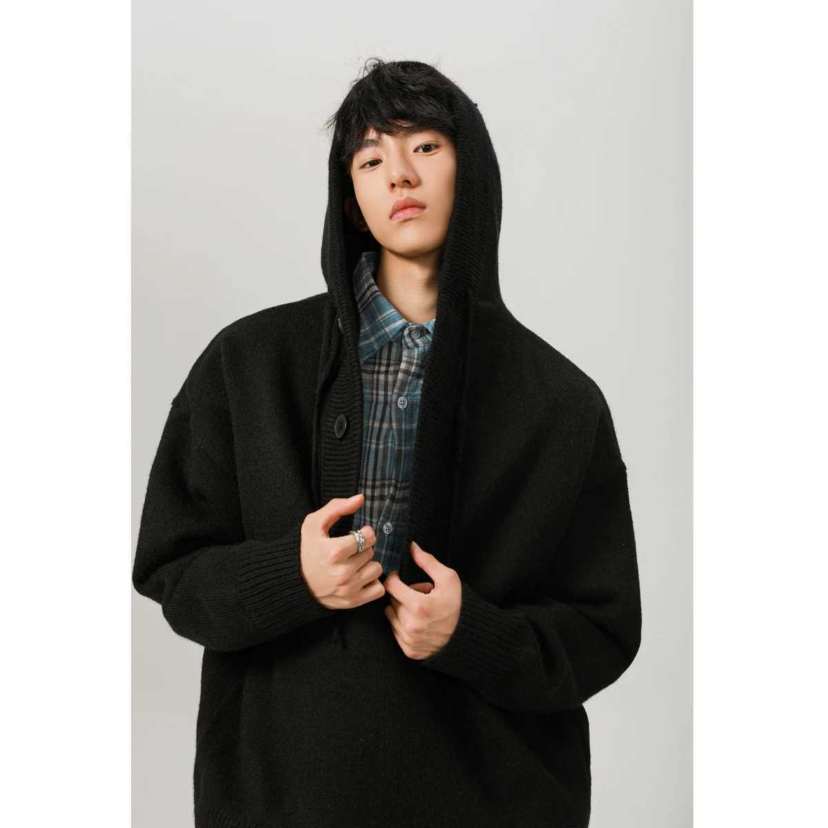 950G thick short sleeved mens streetwear loose casual retro floral knit hooded sweatshirt autumn mens hooded sweatshirt W241230