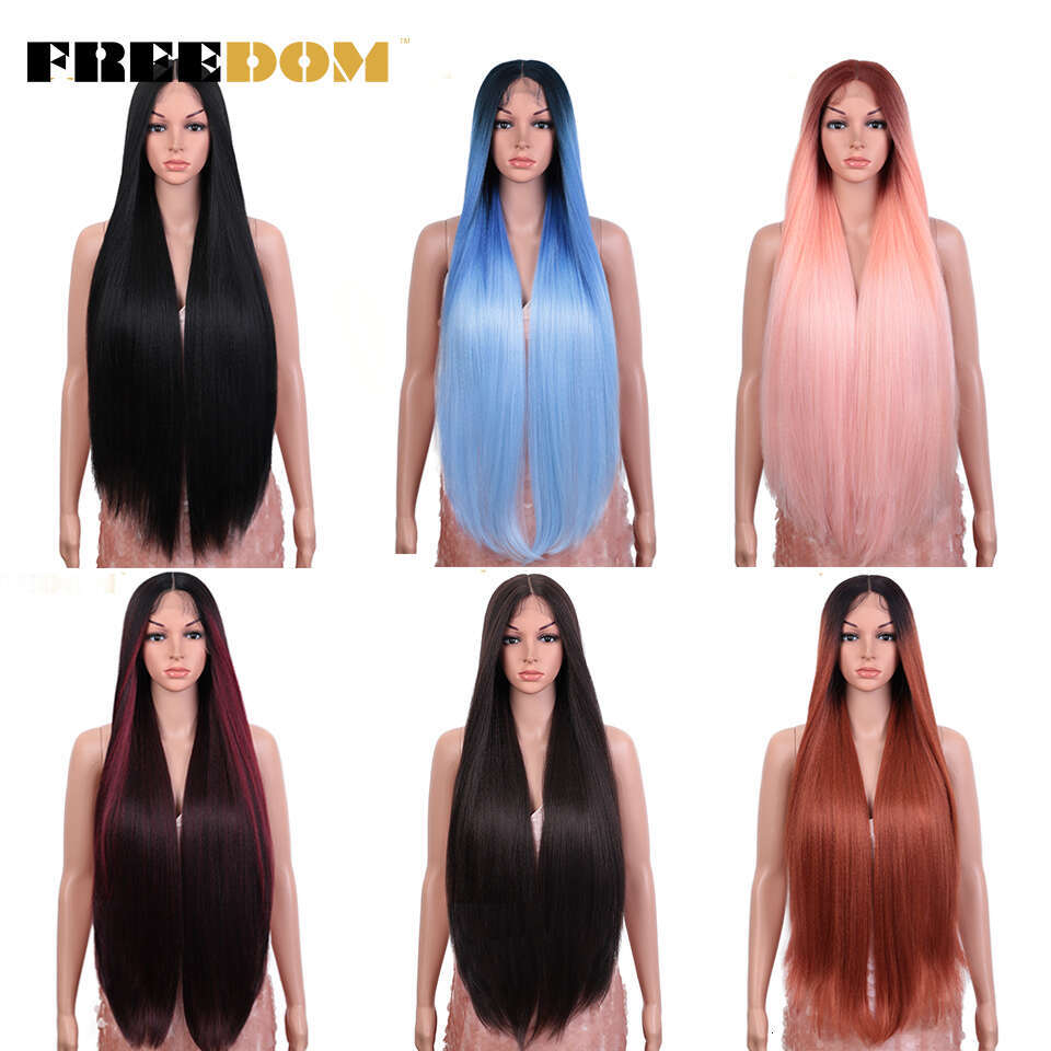 FREEDOM Yaki Straight Synthetic Wigs For Women Ombre Brown Handtied Lace 36 Inch Middle Part Long Blue Pink Cosplay Wig