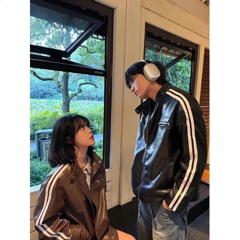 Retro High Street Striped PU Leather Jacket Korean Fashion Zipper Jackets for Men Harajuku Long Sleeve Coats Streetwear 250114