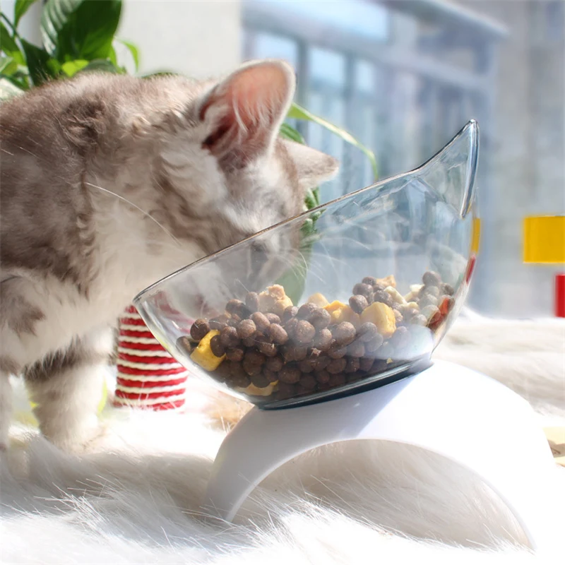 133556 Cat Raised Stand Feeding Transparent Plastic Pet Food Water Feeder Bowl 15 Degree Tilted Design Neck Guard for Cats Dogs
