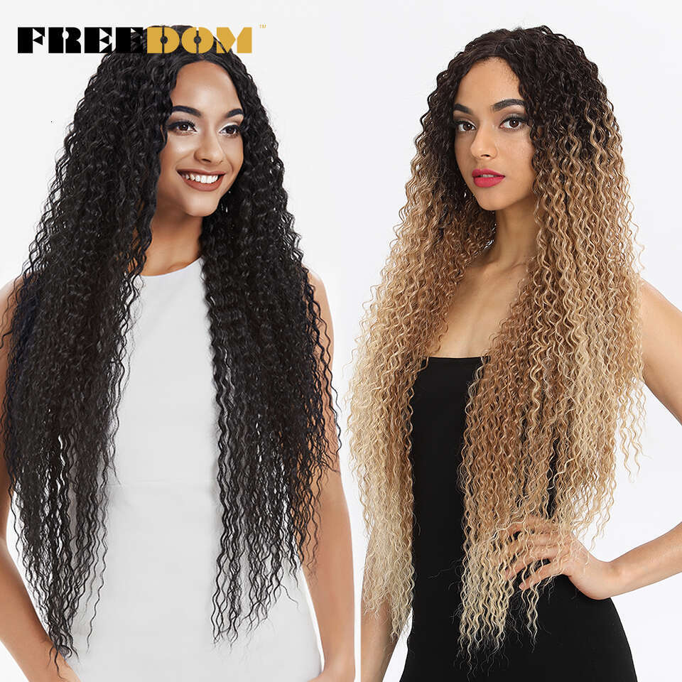 FREEDOM Front For Women Long Curly Hair 36 Inch Cosplay Wigs Blonde Ombre Heat Resistant Synthetic Lace Wig