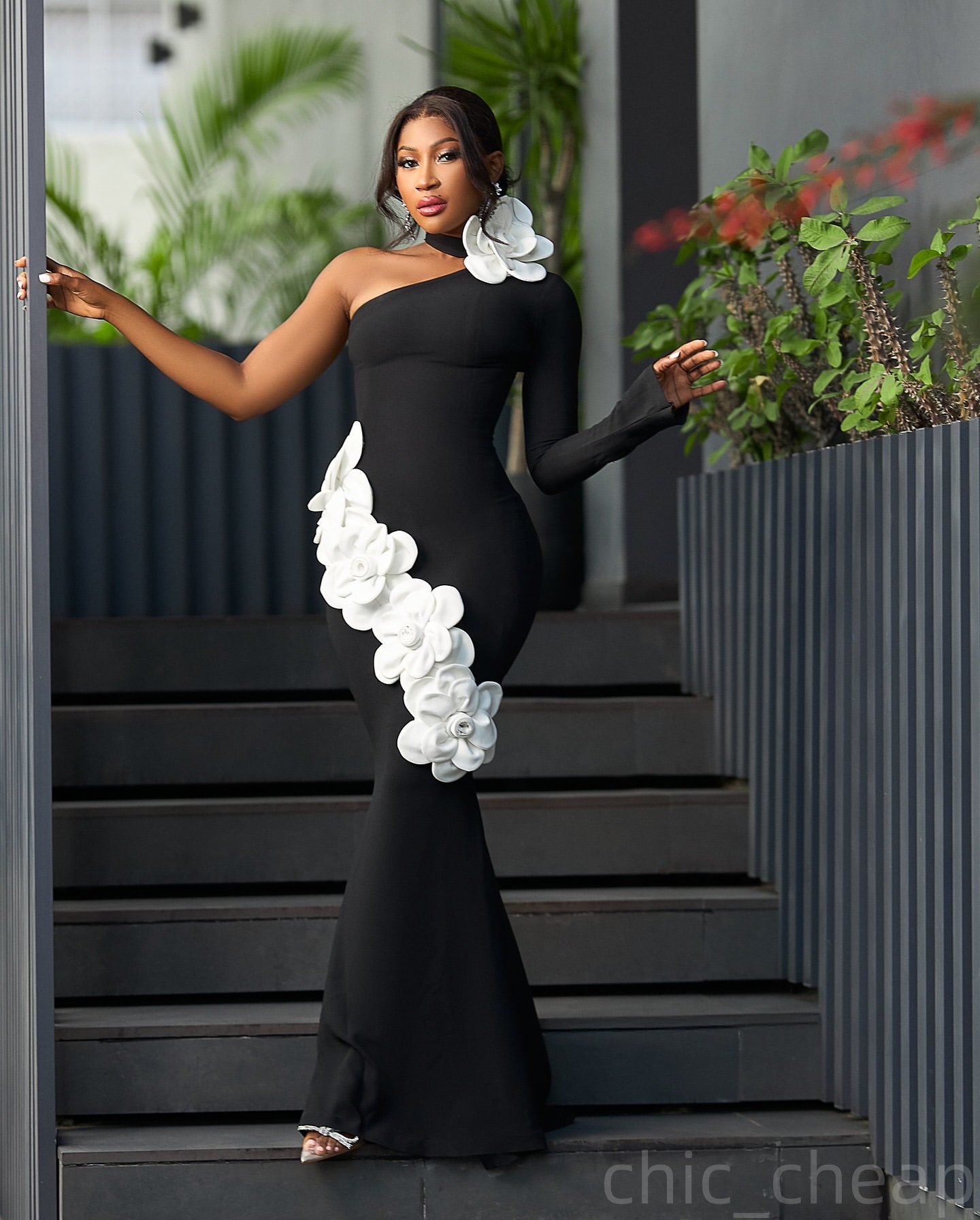 Black Mermaid Prom Dresses 2025 Flowers Full Sleeves Satin Evening Formal Party Second Birthday Engagement Gowns Plus Size Dress For Special Occasions