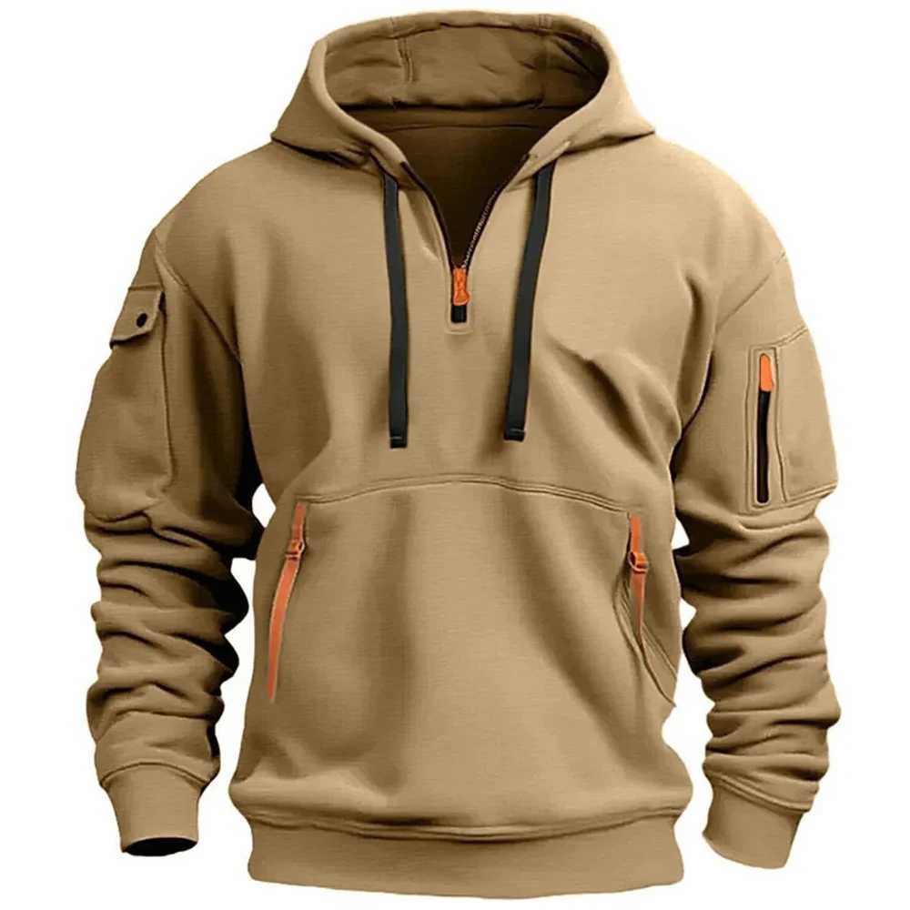 2024 New Multi Pocket Zipper Wool Hooded Mens Casual Shirt Solid Color Loose Fashion Sportswear Top W241230