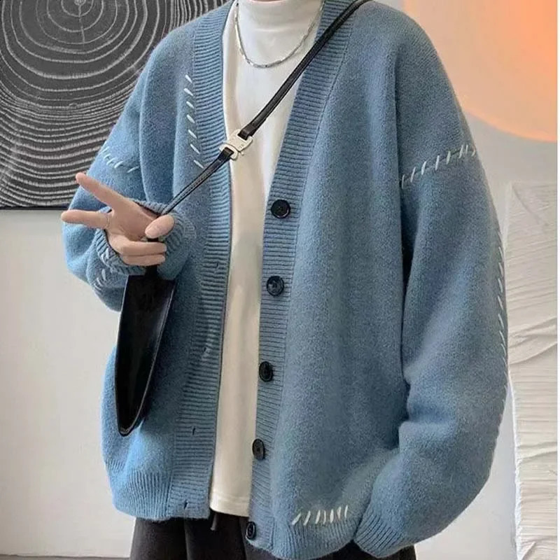 Autumn V-neck Cardigan Sweater Men Women Streetwear Loose Lazy Style Korean Vintage Knitwear Jacket Fashion Mens Cardigan 241230