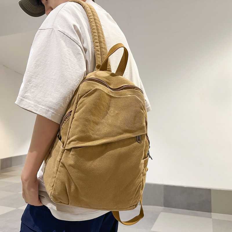 Washed canvas backpack for women, large capacity, simple solid color, college student backpack, women's lazy style travel backpack 241230