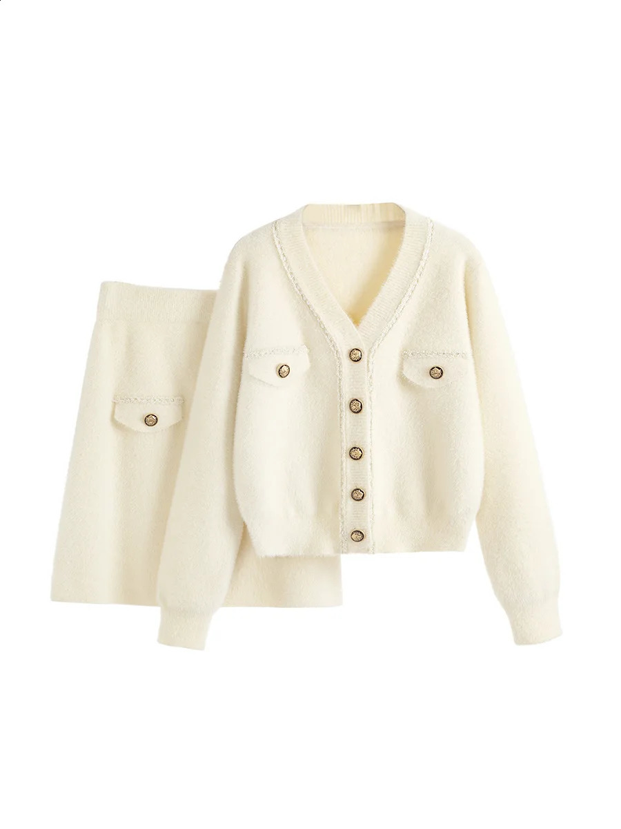 Pink Faux Mink Fur Knitted Two Piece Set Womens Outfits Sweet Single Breasted Sweater Cardgain Mini A Line Skirt Suits Female 241220