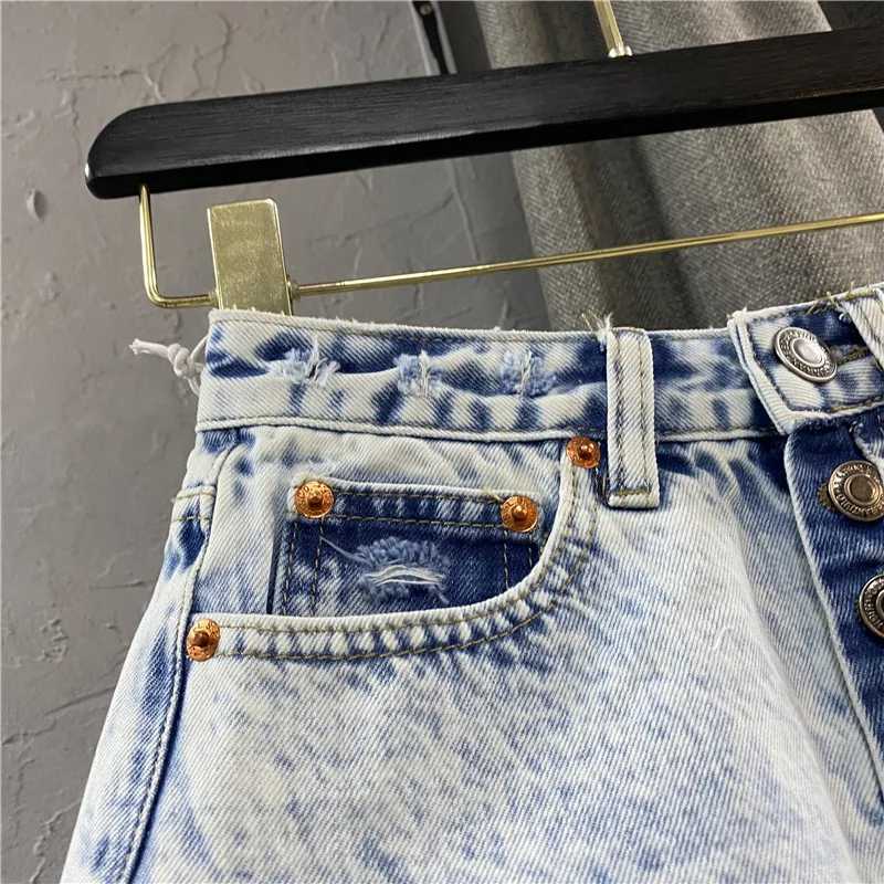 Womens Ripped Mid Rise Denim Jeans Shorts Summer Button Tassel Single-breasted Wide-leg Denim Shorts Jeans StreetwearX241230