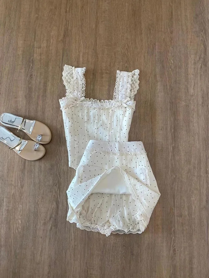 Y2K Womens Two Piece Set French Lace Splicing Polka Dot Suspenders Sexy Fashion Retro Harajuku Bow Cute Mini Skirt Tops Suit 241220