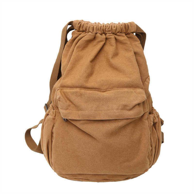 Bundle pocket backpack men's and women's large capacity travel sports bag solid color simple fitness bag wrinkled wash canvas bag 241230