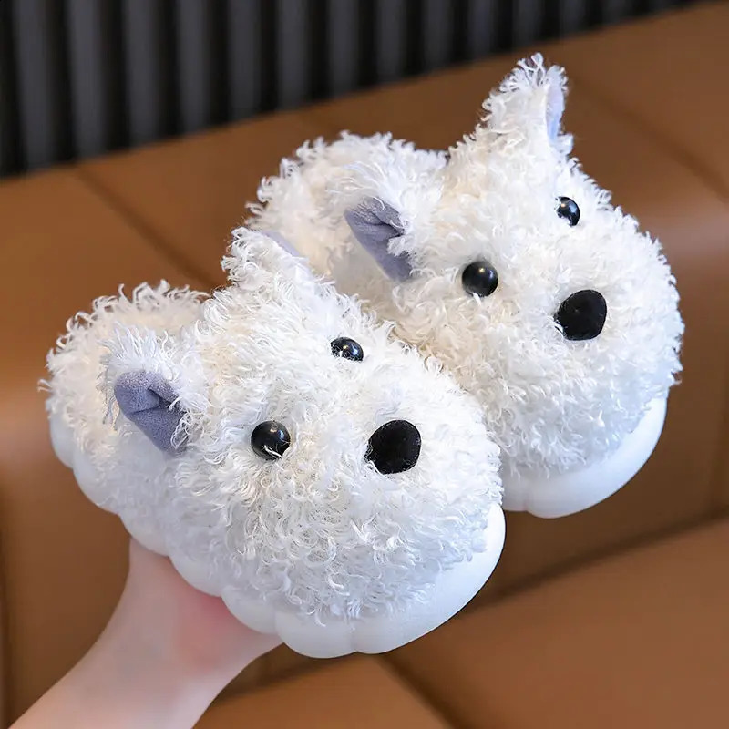 Cartoon Dog Kids Slippers Cute Animals Winter Shoes For Boys Girls Plush Warm Soft Bottom Children Indoor Slippers 241230
