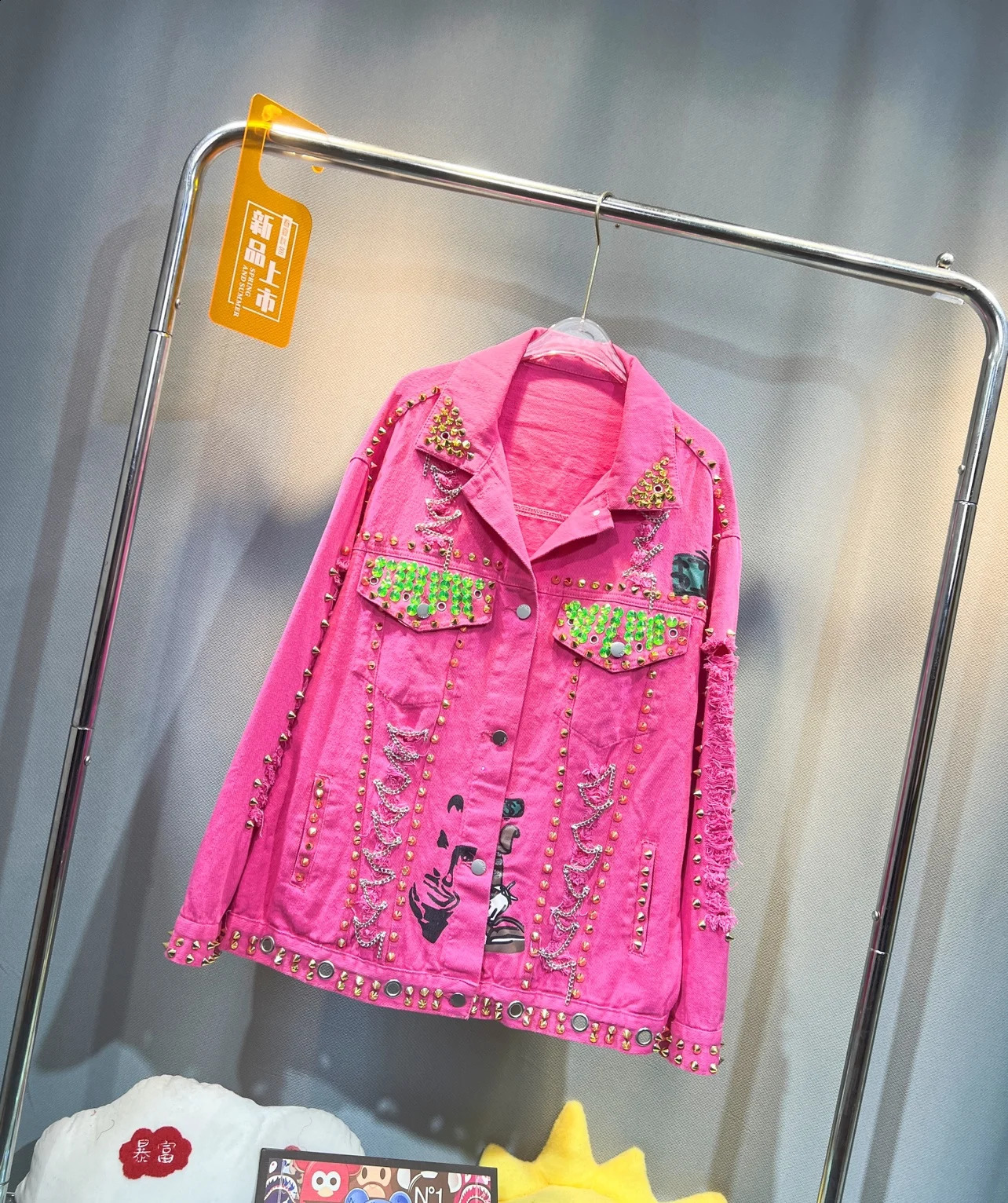 Trendy Women Denim Jackets Autumn Hole Loose Outwear Mid-long Sequins Rivet Cartoon Casual Pink Jeans Coat 241223