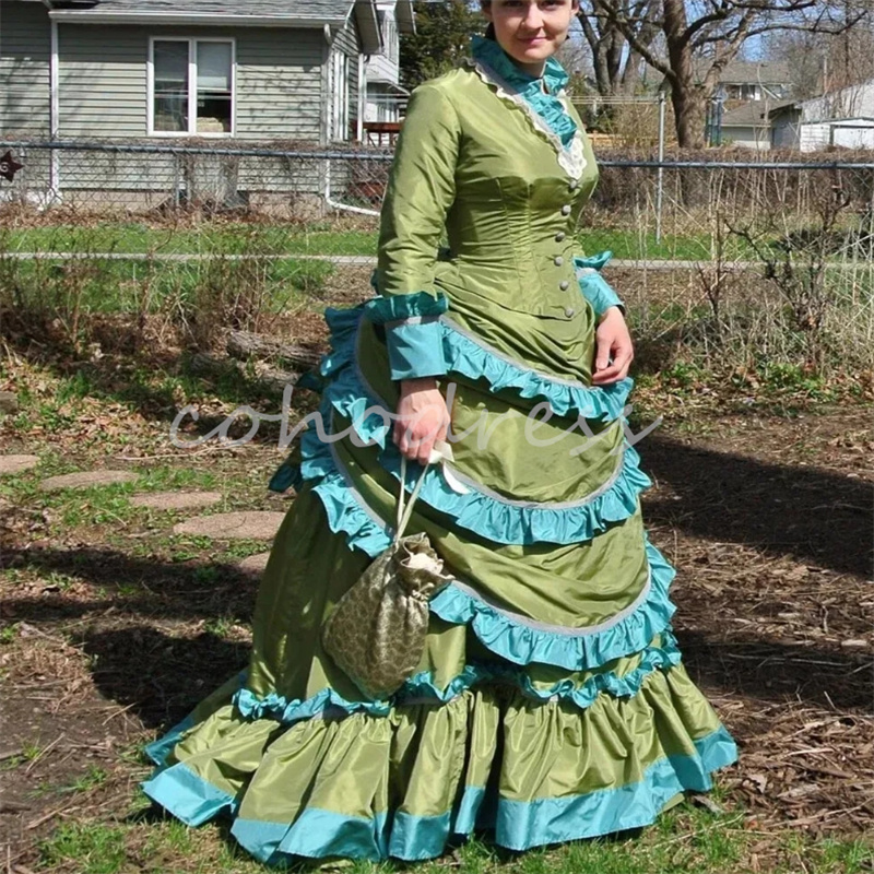 Victorian Green Bustle Prom Dress French Duchess Rococo Medieval Renaissance Evening Gown French Duchess Dancer Party Formal Occasion Vestio De Fiesta