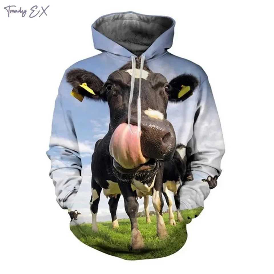 New sports shirt 3D animal cow print funny super large hooded sweatshirt fashionable sports kangaroo pocket long sleeved graphic hooded sweatshirt W24