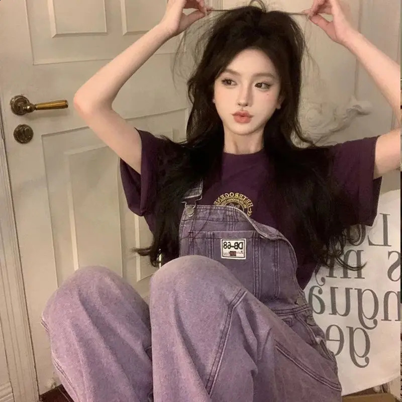 Youth Series Women Vintage Niche Purple Cow Summer Loose Korean Solid Casual Wide Legs Office Lady Affordable Rompers 241230