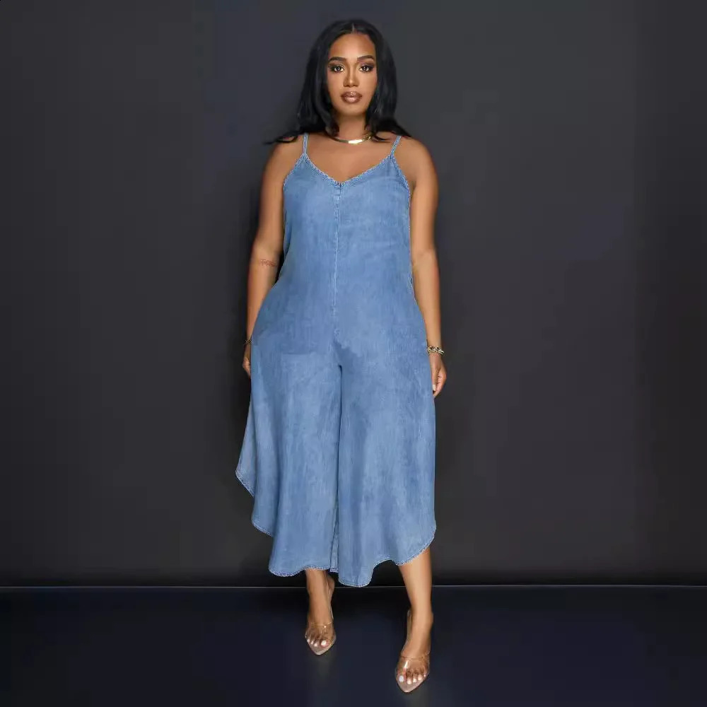 Womens Summer Fashion Casual Comfortable Versatile Irregular Denim Blue Sleeveless Suspender Straight 3/4 Jumpsuit 241230