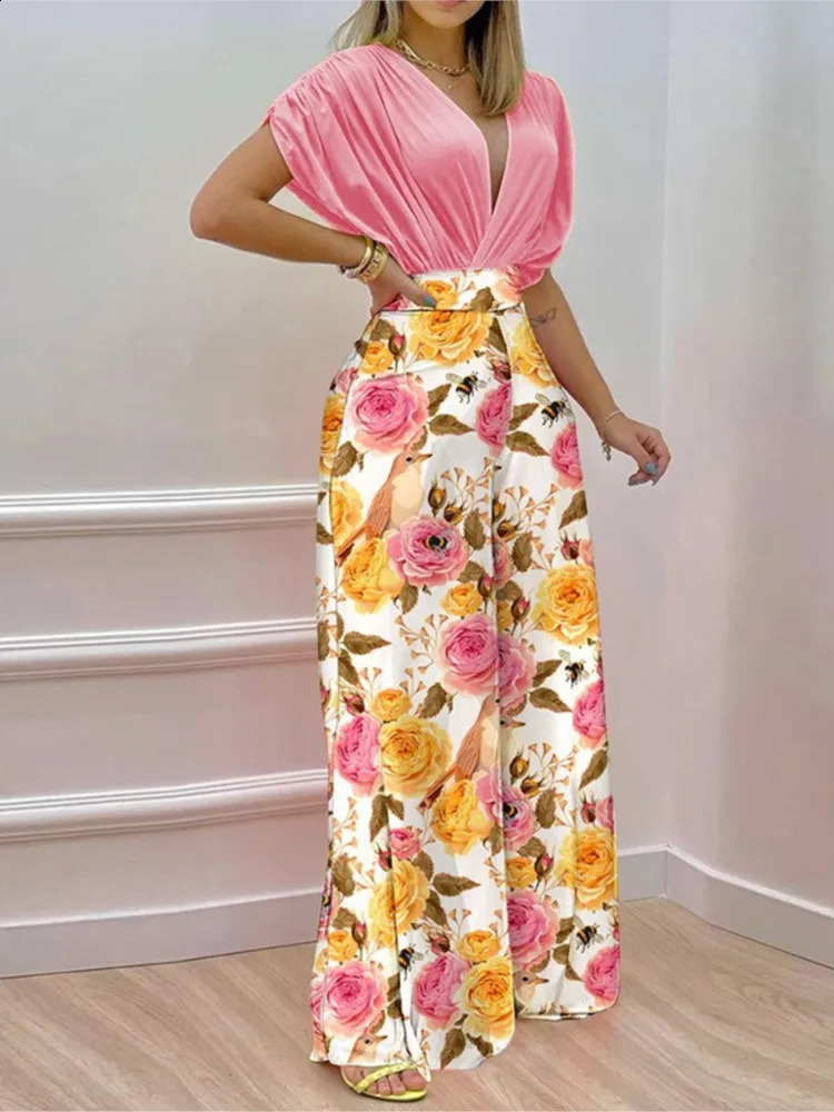 Summer Printed Pants Set Fashion Raglan Sleeves Vneck Cropped Top High Waist Wide Legs Trousers Two Piece Female 241220