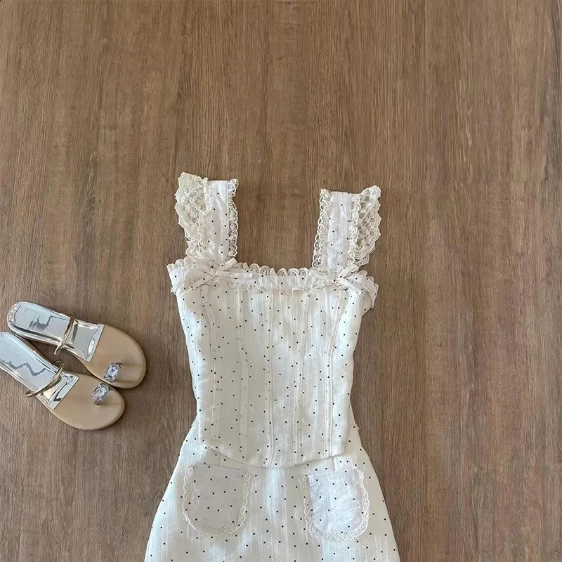 Y2K Womens Two Piece Set French Lace Splicing Polka Dot Suspenders Sexy Fashion Retro Harajuku Bow Cute Mini Skirt Tops Suit 241220