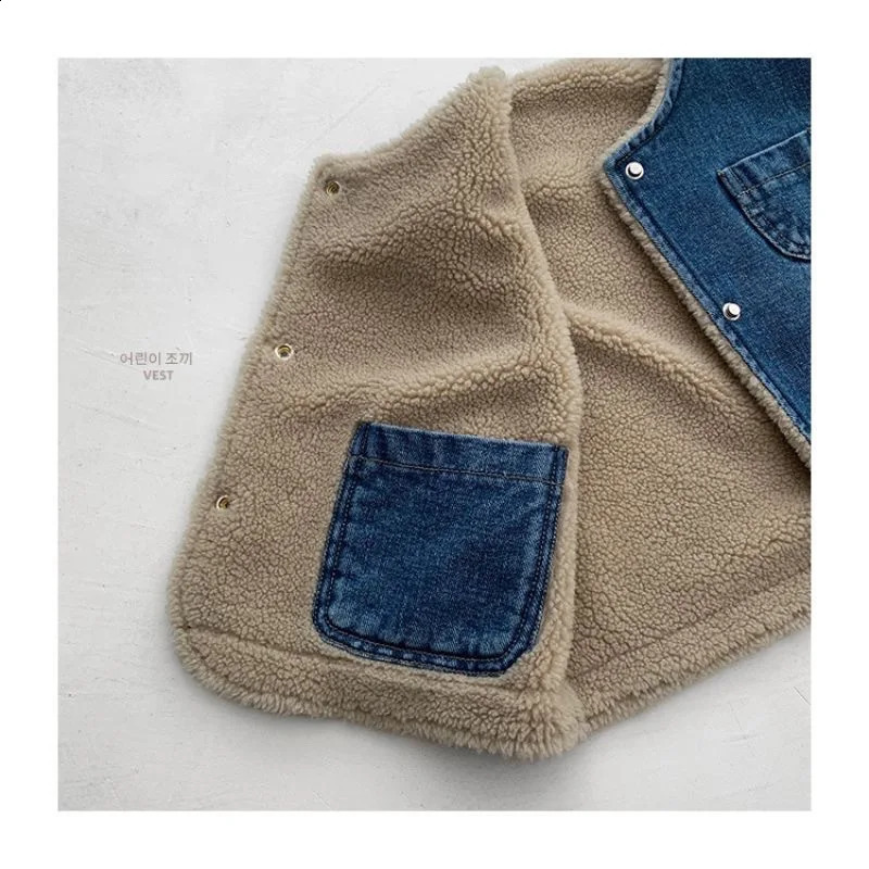 Ins Autumn Spring Velvet Baby Boys Waistcoat Reversible Sleeveless Denim Jacket For Kid Boy V-collar Casual Warm Little Boy Vest 241230