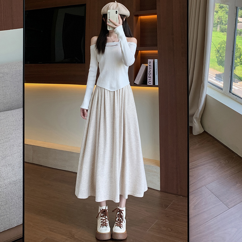 M95799 Spring and Autumn High Waist Slim Umbrella Skirt A-line Midi Skirt College Style Knitted Skirt