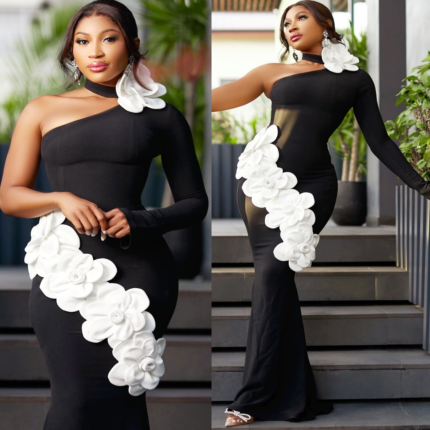 Black Mermaid Prom Dresses 2025 Flowers Full Sleeves Satin Evening Formal Party Second Birthday Engagement Gowns Plus Size Dress For Special Occasions