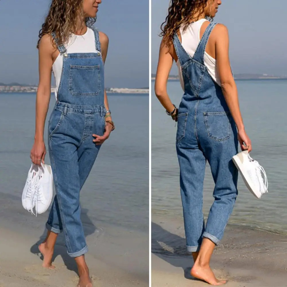 Denim Overalls with Pockets Distressed Denim Overalls Stylish Plus Size Denim Jumpsuit with Adjustable Straps Side for Women 241230