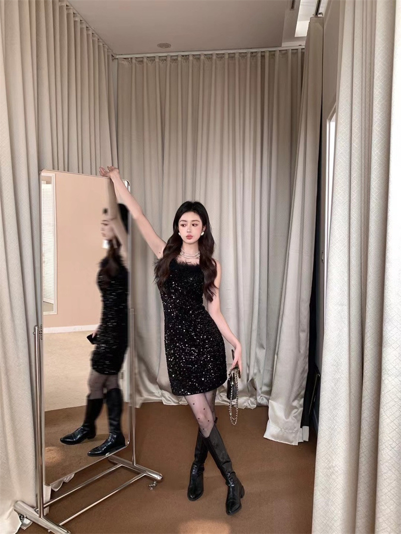 D125 Autumn new women's sexy lace mesh one-shoulder tube top slightly transparent slim dress for women