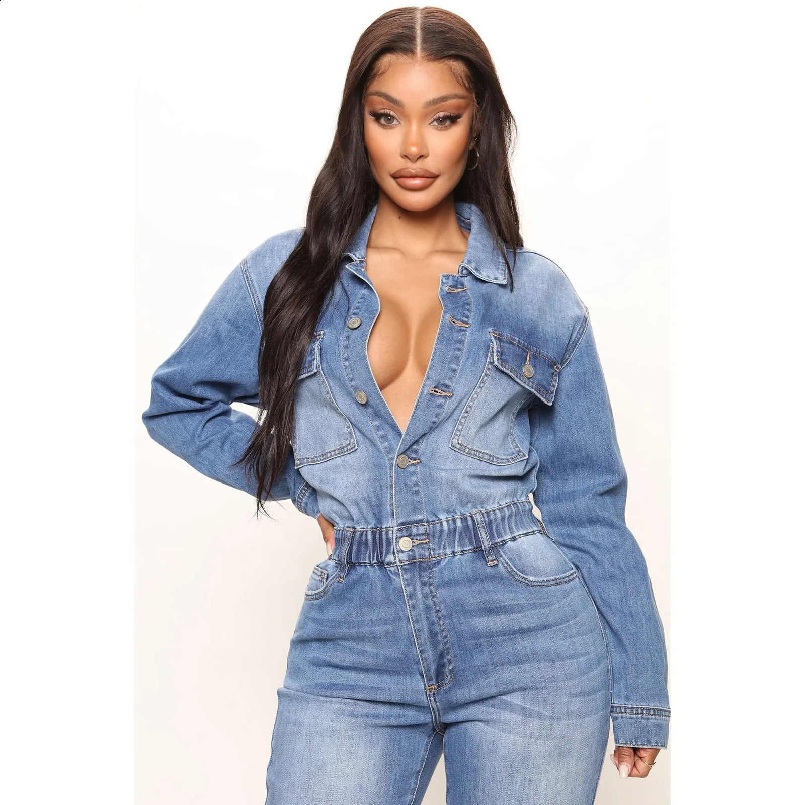 Women Autumn Turn Down Collar Loose One Piece Full Sleeve Tight High Waist Overalls Slim Denim Jumpsuits Long Pants Rompers 241230