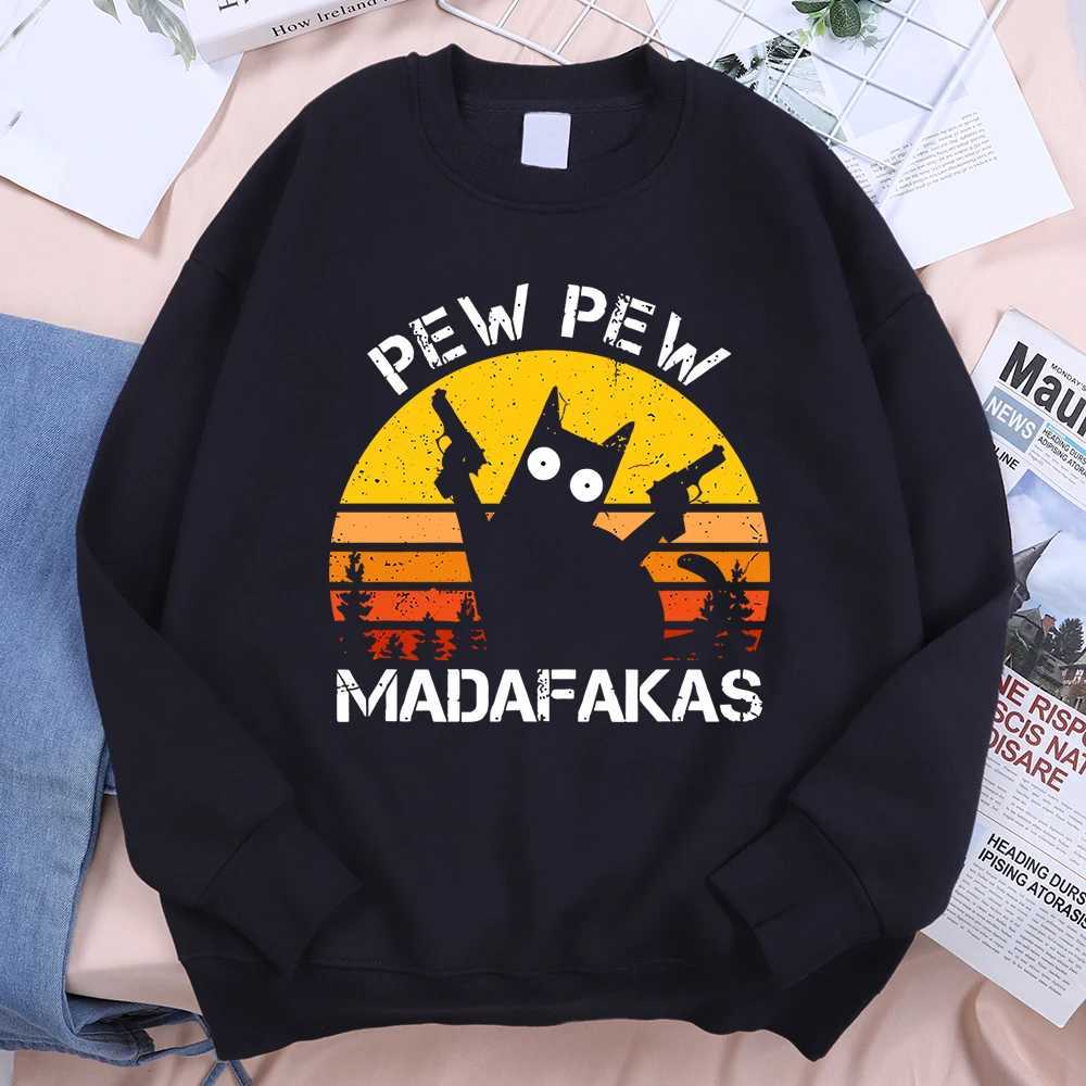 Pew Madafakas Cat Two Gun Sweatshirt Mens Hip Hop Warm Hoodie Retro Thick Streetwear Unisex High Quality Hoodie W241230