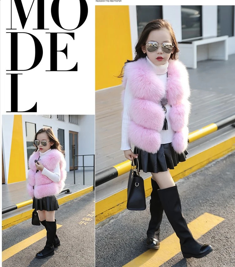 Winter Children Clothing Solid Baby Fur Vest faux Fox Fur Coat Elegant Warm Vest Parka For Girls TZ183 241230
