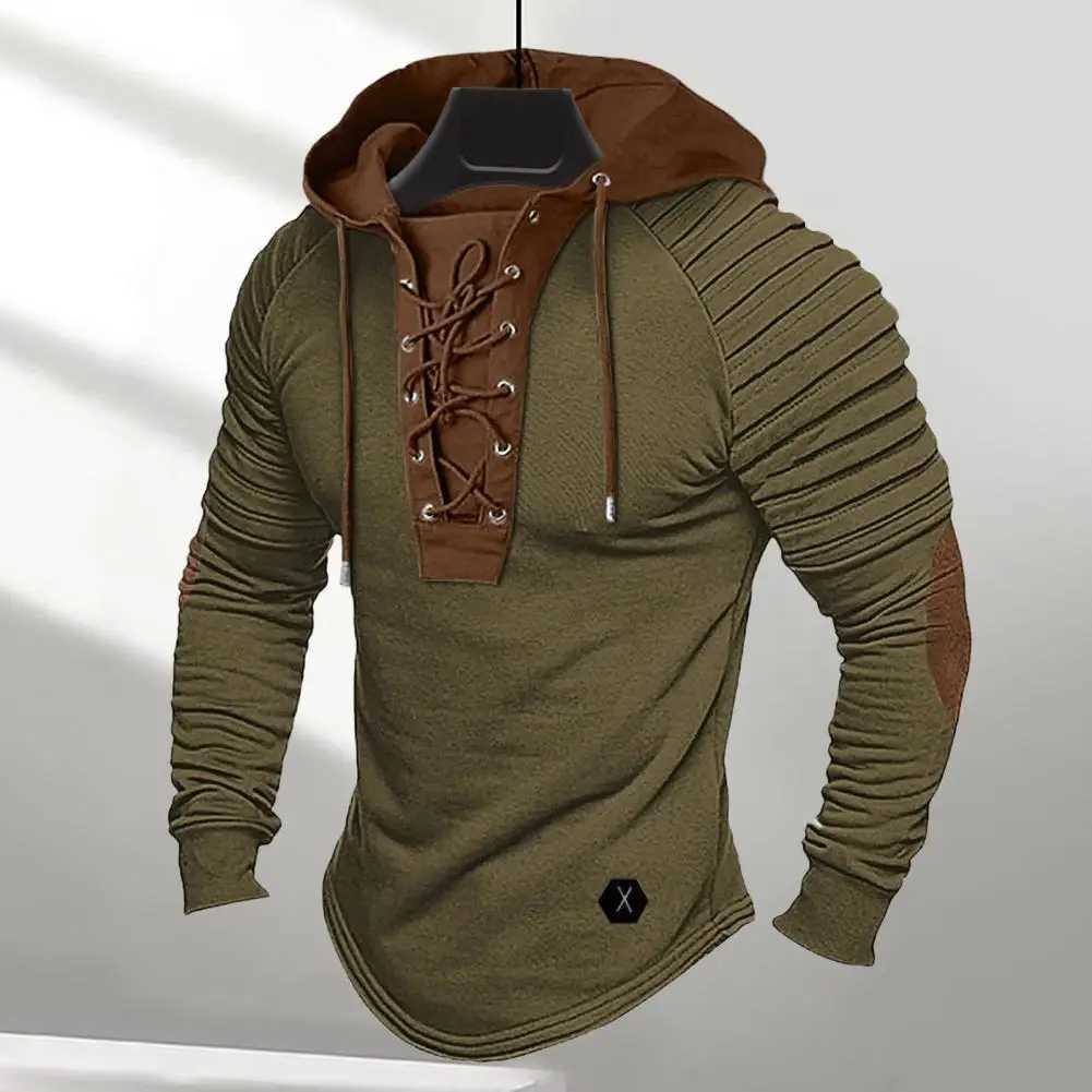 Mens Spring Autumn Hoodie with Folded Shoulders Colored Lock Brushed Hoodie Top Long Sleeve Lace Retro Mens Daily Hoodie W241230