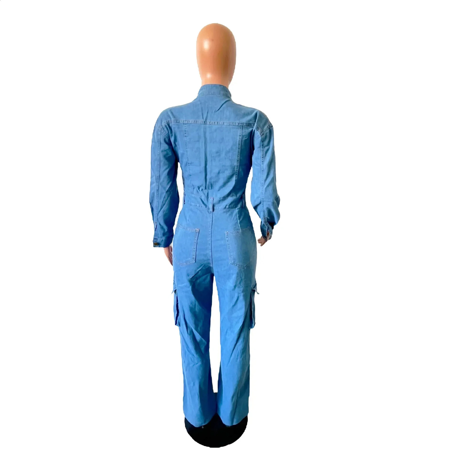 Womens Autumn and Winter Fashion Elastic Organ Bag Wash Denim Jumpsuit Stand Collar Long Sleeve Denim Bell Bottoms Overalls 241230