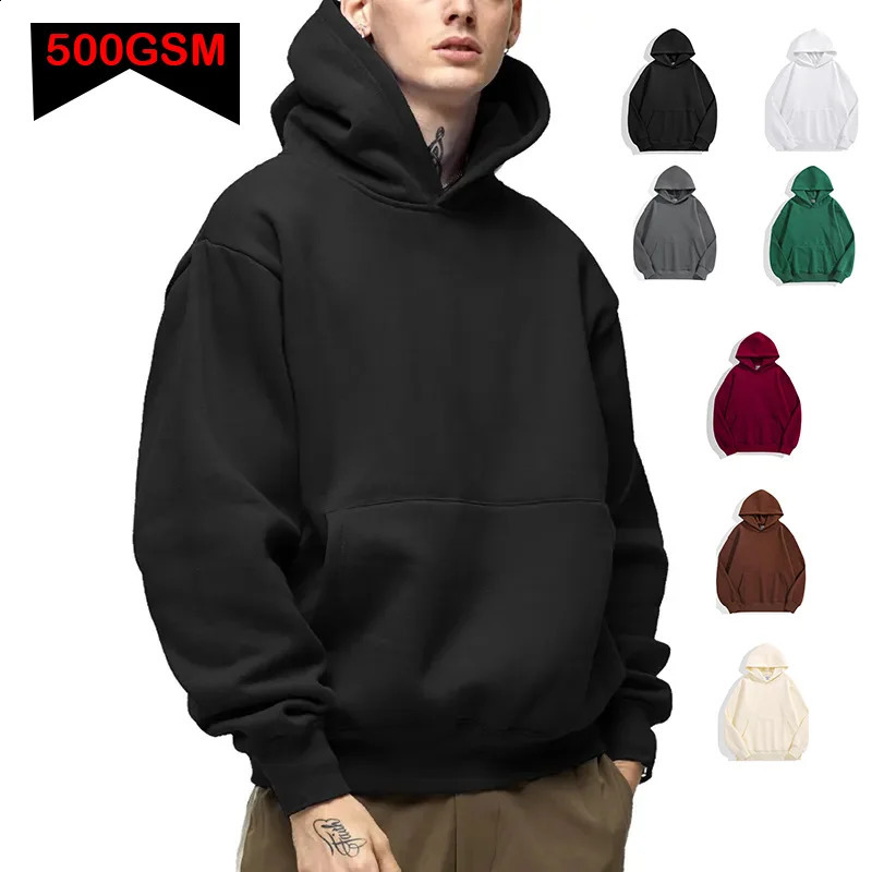 500GSM Heavy Weight Fashion Mens Hoodies Autumn Winter Casual Thick Cotton Mens Top Solid Color Hoodies Sweatshirt Male 241228