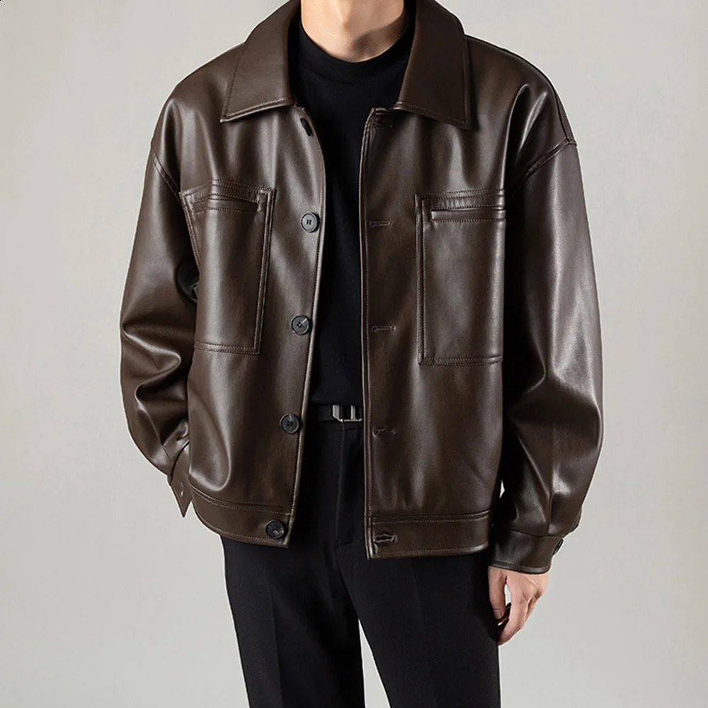 Mens Leather Jacket Motorcycle Pocket Jacket Autumn Casual Streetwear Retro Korean Version Jacket Mens Clothing Unisex 241228