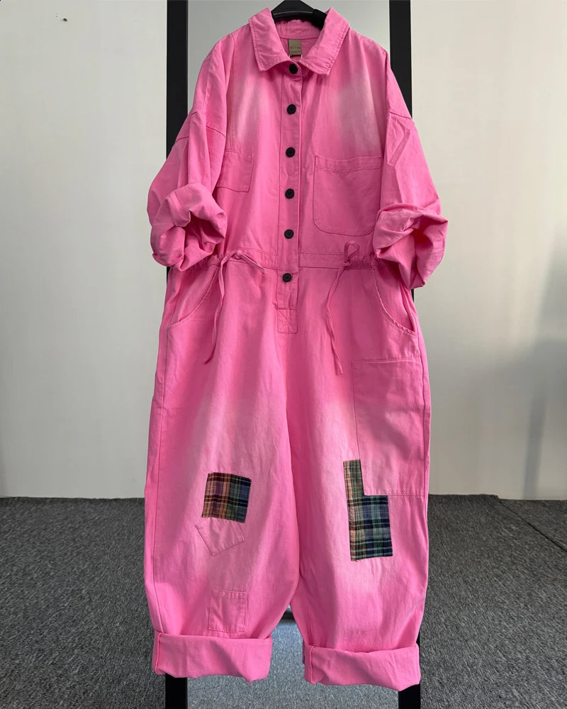 Cow Coveralls Women Spring Autumn Lapel Button Drawstring Waist Long Sleeve High Waist Jeans Romper Wide Leg Jumpsuit 241230