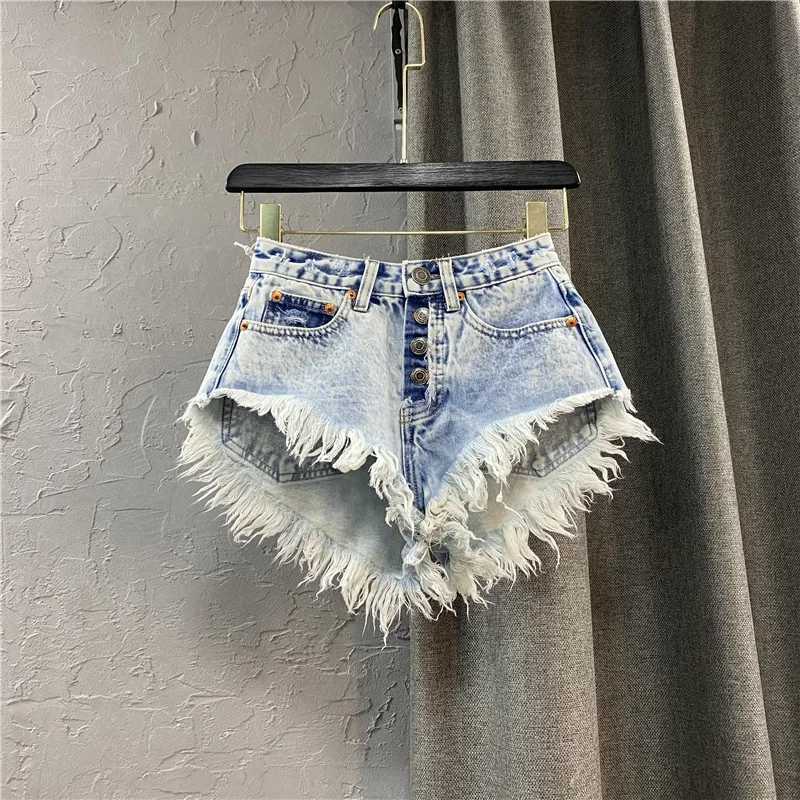 Womens Ripped Mid Rise Denim Jeans Shorts Summer Button Tassel Single-breasted Wide-leg Denim Shorts Jeans StreetwearX241230