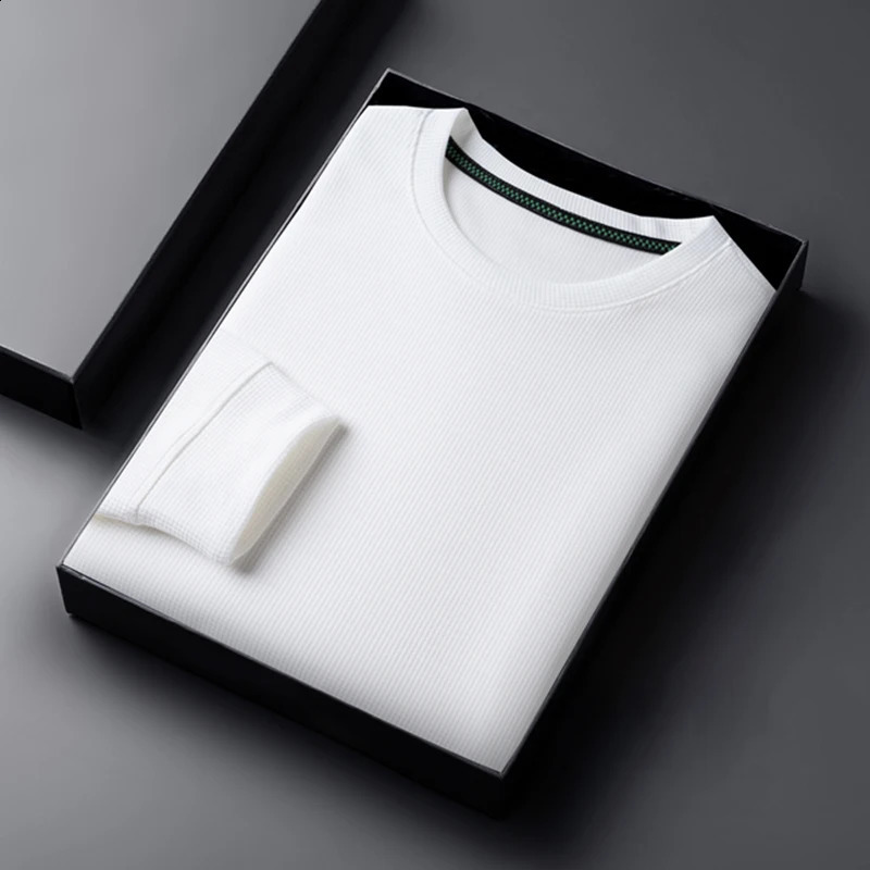 2024 Mens Casual Fashion Long Sleeved Round Neck Tshirt Waffle Comfortable Top 241223