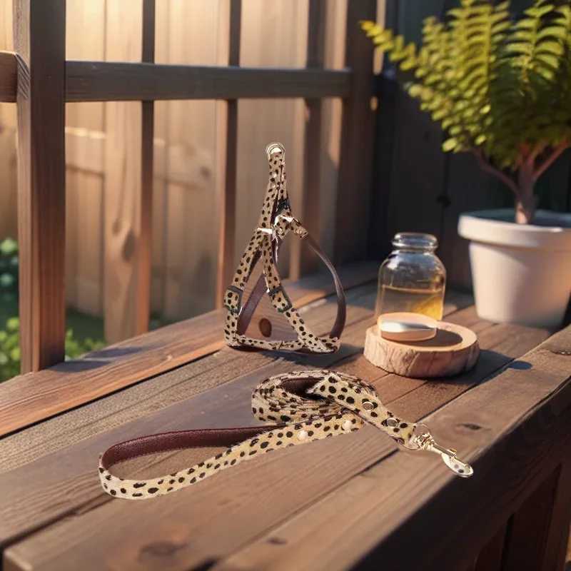 Leopard with Hair Fashion Pet Collar Set Dog Substantial Harnesses Traction Rope Suit Adjustable Cute Pet Decoration AccessoriesXJ241230