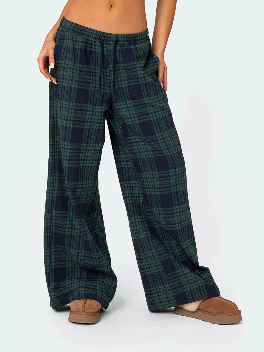 2024 Womens Casual Trousers Classic Plaid Print Elastic Waist Loose Wide Leg Pants Lounge 241228