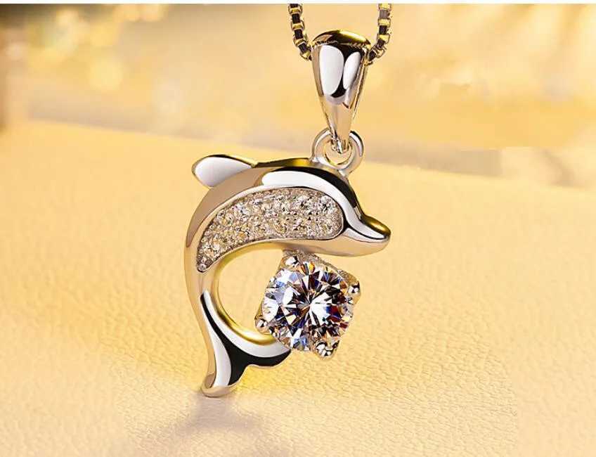 Real 925 sterling silver jewelry crystal dolphin amulet box pendant and necklace for womens wedding party gifts W241230