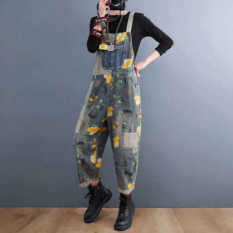 #1467 Straight Printed Denim Overalls Women Ankle-length Loose Wide Leg Jumpsuits Ladies Pockets Split Joint Vintage Streetwear 241230