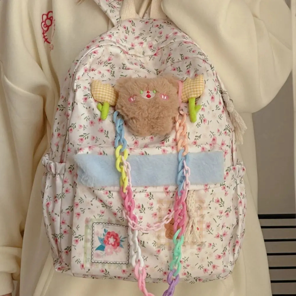 Kawaii Cartoon Floral Backpack Funny Nylon Floral School Bag Large Capacity Handbag Student Laptop Bag 241230