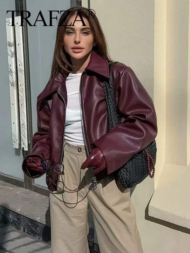TRAFZA Wine Red Faux Leather Jakcet Fashion Outerwear Thicken Zipper Lapel Pu Coats Autumn Winter Streetwear Ladies Tops Women 250113