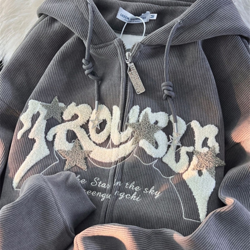 Vintage Streetwear Zip Up Tops Oversized Star Graphics Print Hoodies 2024 Women American Retro Graphic Hooded Sweatshirts y241220