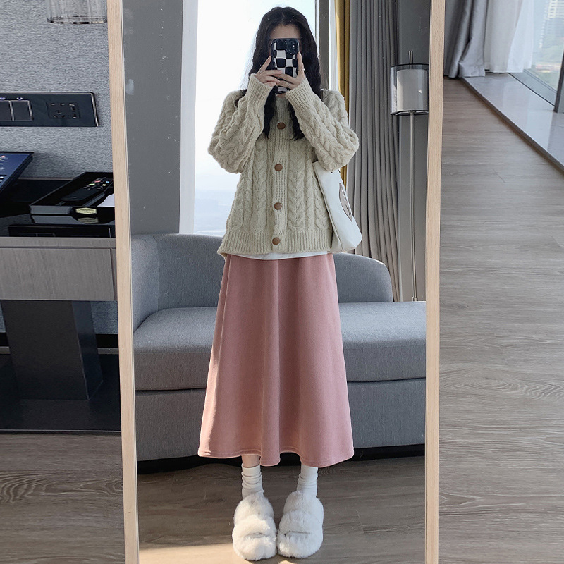 L30968 long new style kapok velvet plus velvet skirt high waist long skirt cover the flesh and show thin A-line skirt