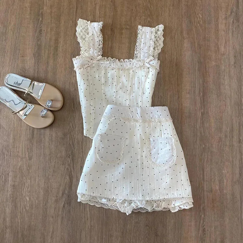 Y2K Womens Two Piece Set French Lace Splicing Polka Dot Suspenders Sexy Fashion Retro Harajuku Bow Cute Mini Skirt Tops Suit 241220