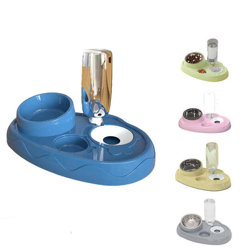 DHpet Double Dog Cat Bowls 2 in1 Tilted Pet Food Set with Automatic Gravity Water Dispenser Bottle Detachable Stainless Steel Bowl No-Spill for Cats a