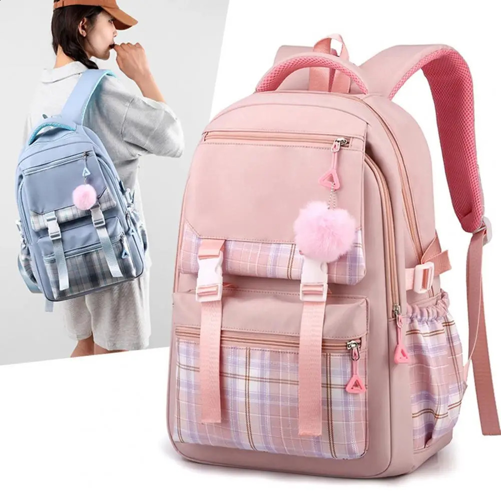 Student Backpack With Plush Ball Pendant Large Capacity Waterproof Pupil School Bag Travel Outdoor Activities Storage Bag 241230