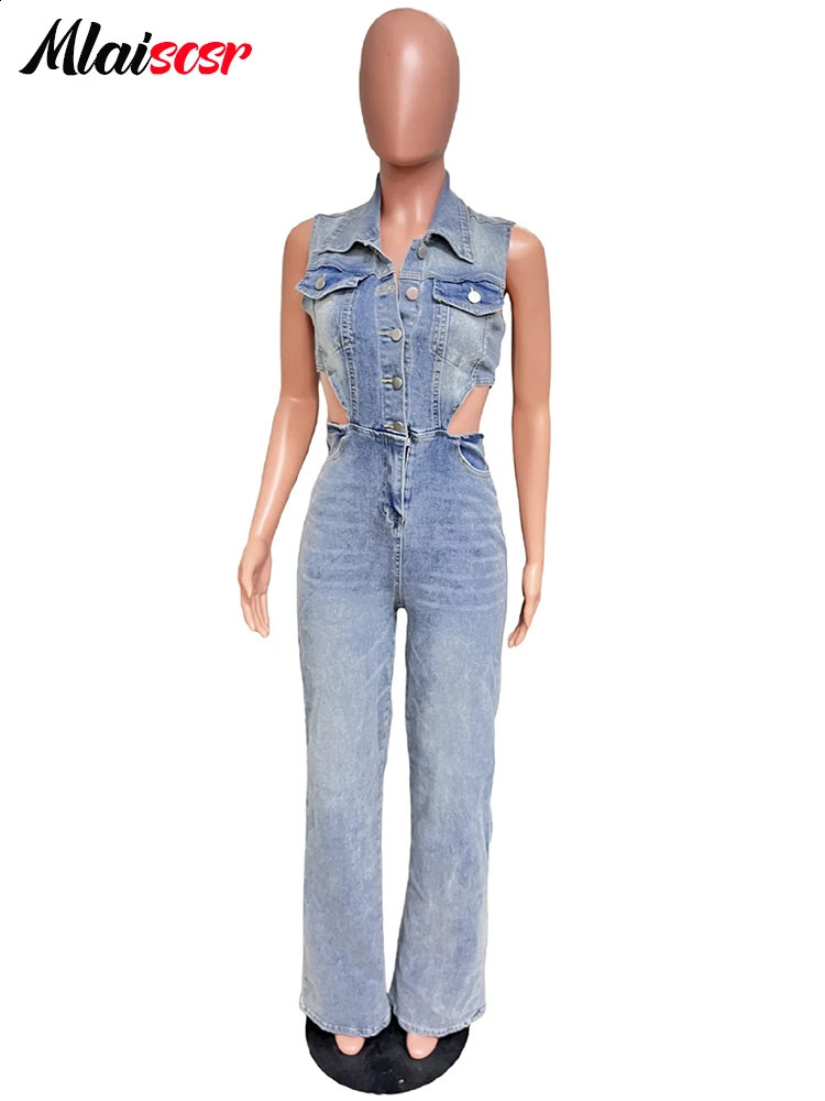 Mlaiscsr Blue Hollow Out Straight Stretch Denim Jumpsuit Women Lapel Button One-piece Pants Jeans Rompers Female Cow Overalls 241230