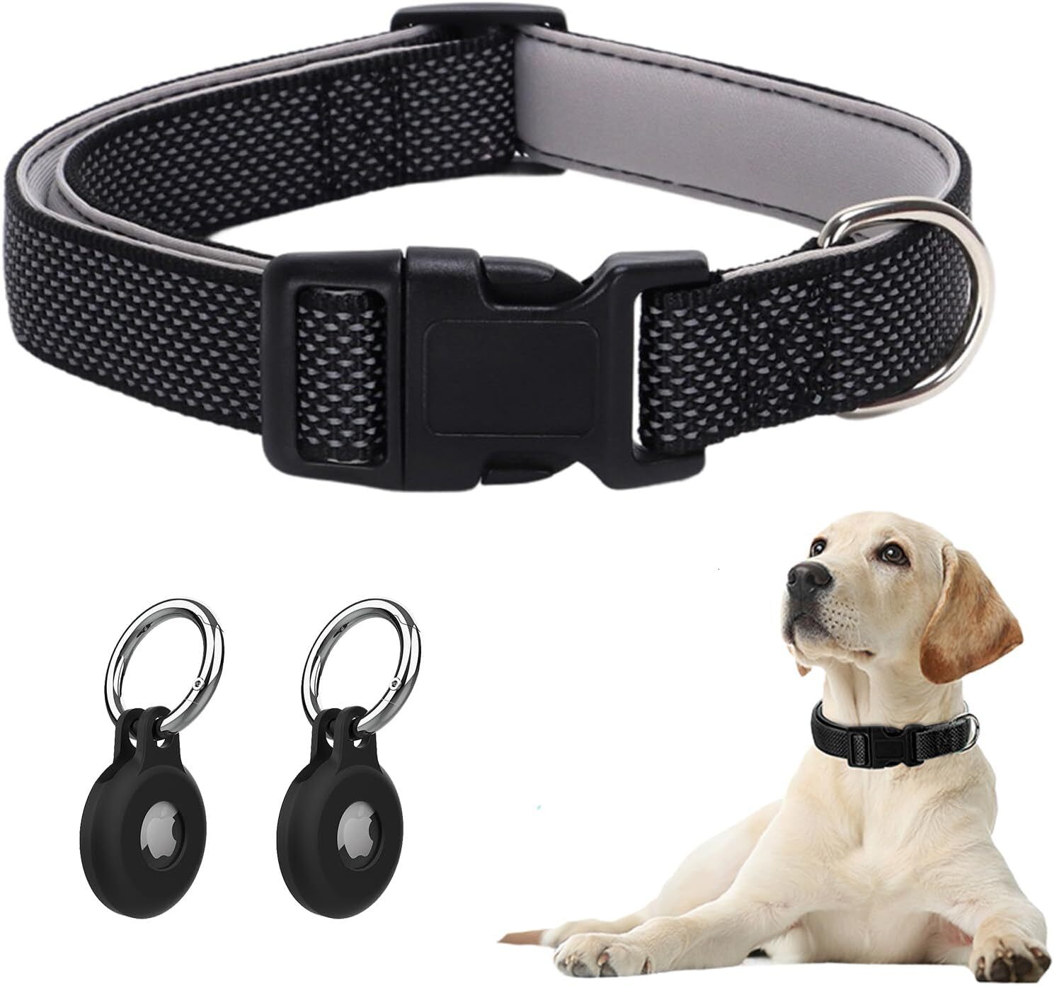 Reflective Dog Collar with Breathable Nylon Soft Neoprene Pad Collar, Suitable for Medium sized Dogs+2 AirTag Holders (Black, Medium)