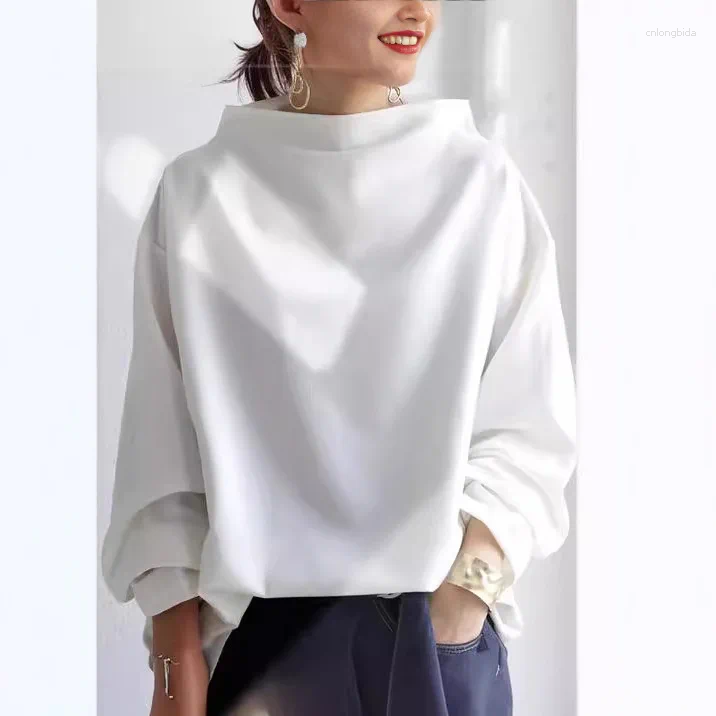 Womens Blouses 2024 Autumn Fashion Korean Tops Casual High-Neck Long Sleeves Simple Black Blouse Shirts For Women Female